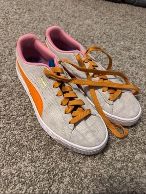 Puma Suede Sneakers with Orange Stripe and Pink Lining